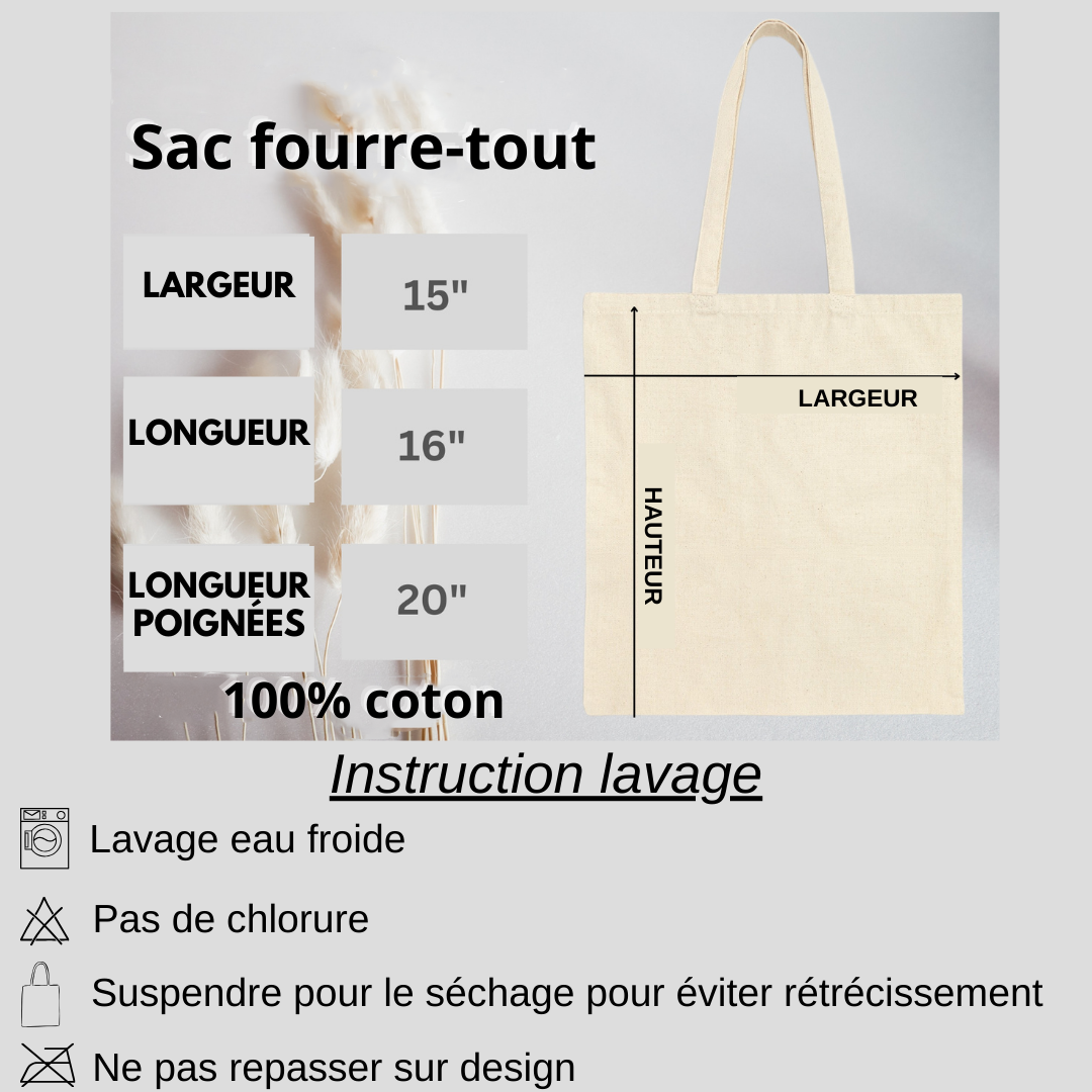 Fiche démontrant les dimensions et entretien pour sac fourre-tout