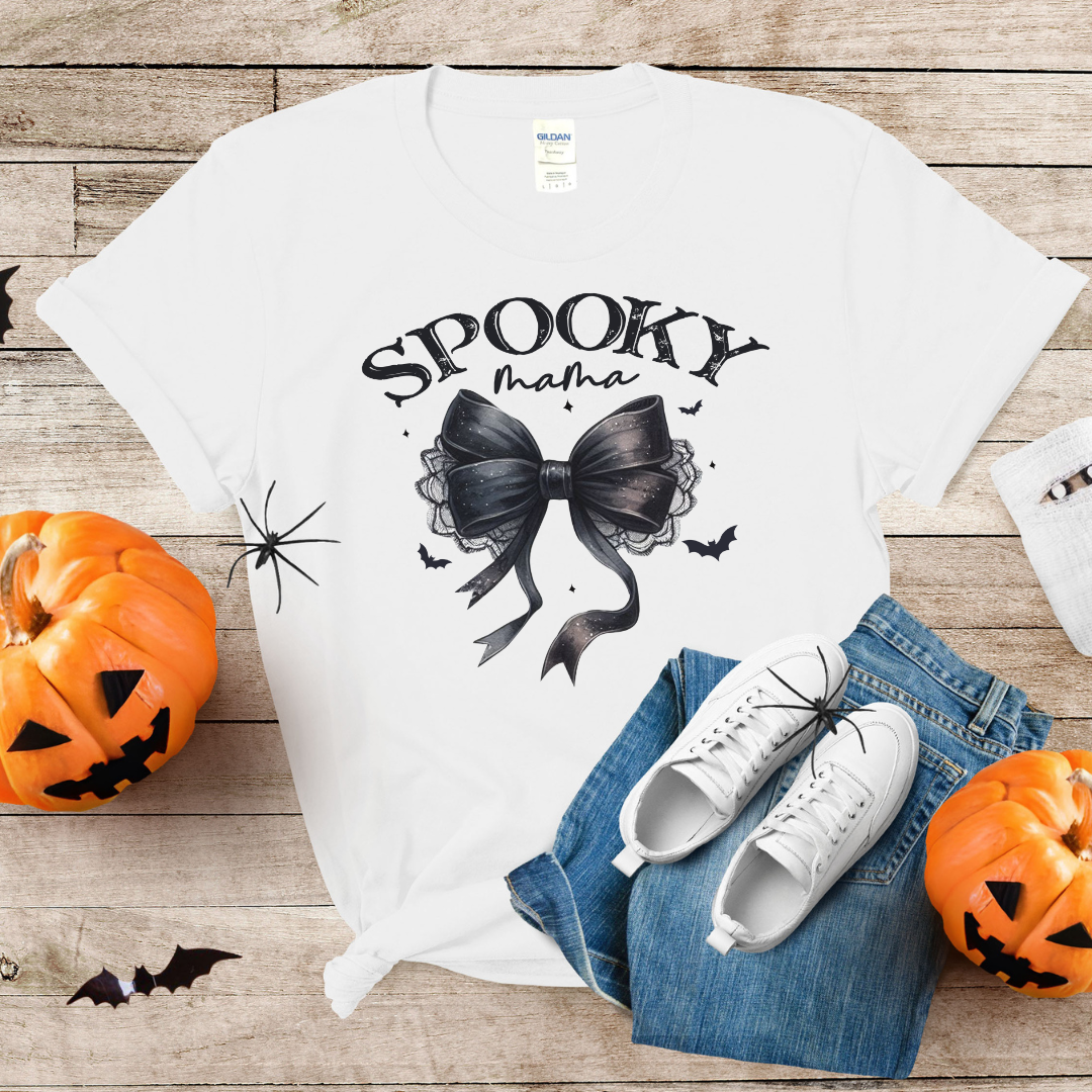 T-shirt Spooky Mama Halloween avec boucle coquette noire