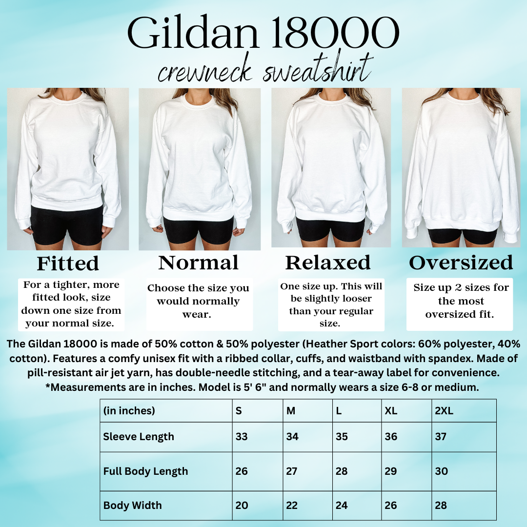 Fit chart showing each size unisex sweatshirt on a mannequin, from Small to 2XL, to help choose the right size
