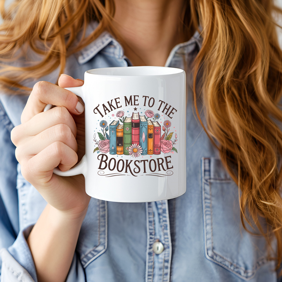 Tasse en céramique blanche de 15 oz avec design de livres et la phrase Take me to the bookstore-sublimée des deux côtés