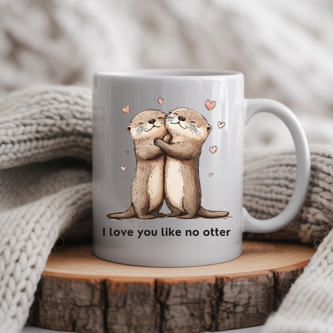 Tasse romantique loutres posée sur une table, ambiance douce et amoureuse