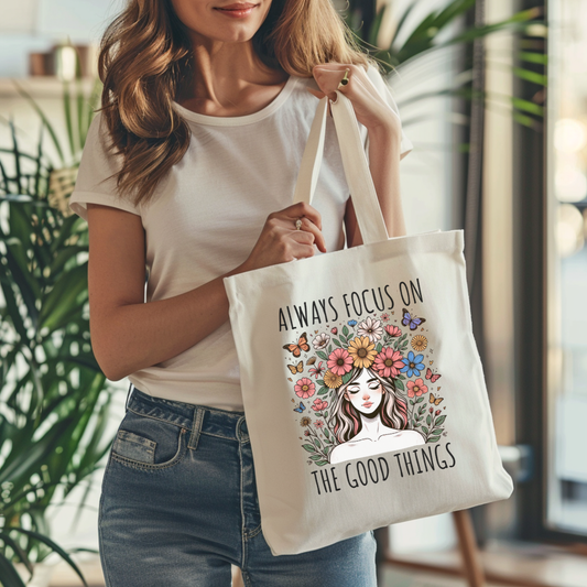 Sac fourre-tout en coton de couleur naturel de 15 x 16 pouces avec un design boho d'une femme entourée de fleurs colorées et de papillons, accompagnée du texte “Always Focus on the Good Things”.