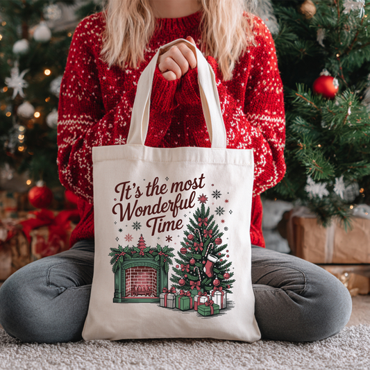Tote Bag de 15 x 16 pouces, naturel avec Design vintage de Noël avec cheminée, sapin décoré et ambiance chaleureuse des Fêtes.