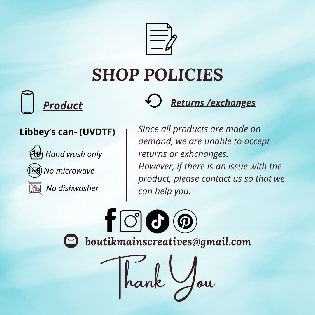 Return Policy Message: Since all products are made to order, we are unable to accept returns or exchanges. However, if there is any issue with the product, please contact us so we can assist you.