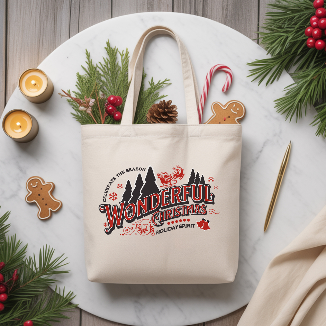 Tote bag 15 x 16 pouces en coton naturel avec design rétro rouge et noir “Wonderful Christmas''.