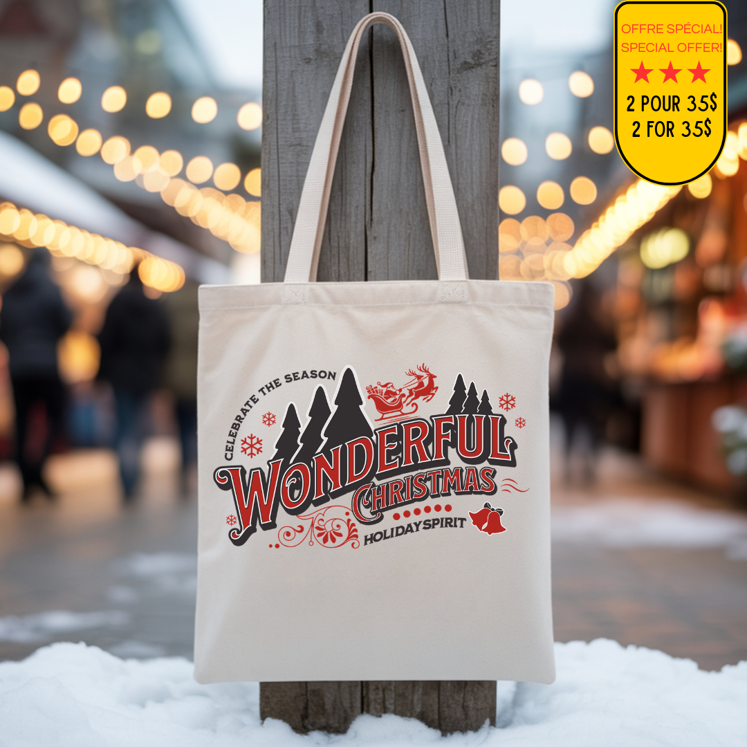 Tote bag 15 x 16 pouces en coton naturel avec design rétro rouge et noir “Wonderful Christmas''.