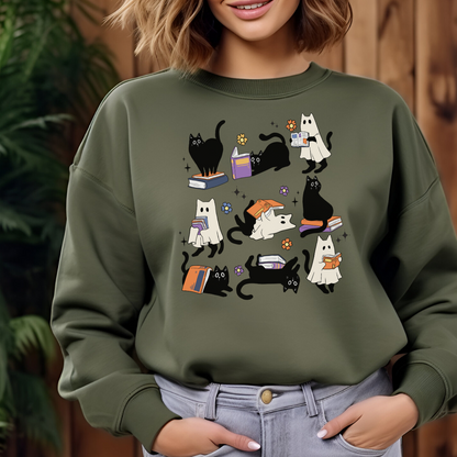 Sweatshirt Halloween Chat Fantôme et Livres, Cadeau pour amoureux des chats et livres