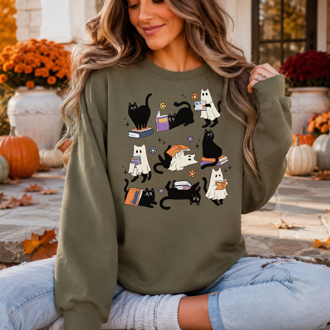 Sweatshirt Chat Fantôme de Lecture Halloween | Chandail Bookish & Passionnés de Livres