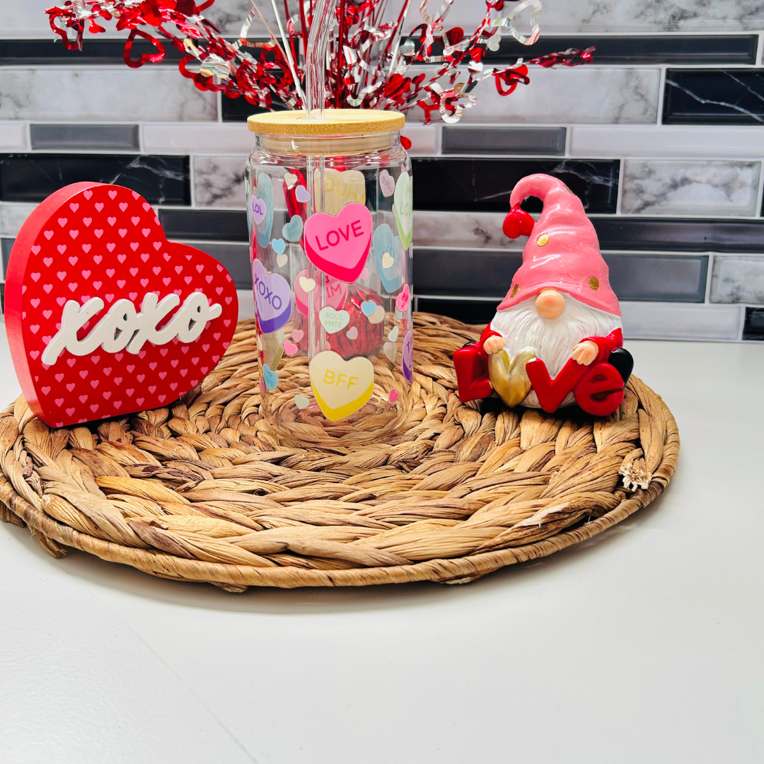 Candy Hearts Glass cup with Messages, Valentine's Day Gift