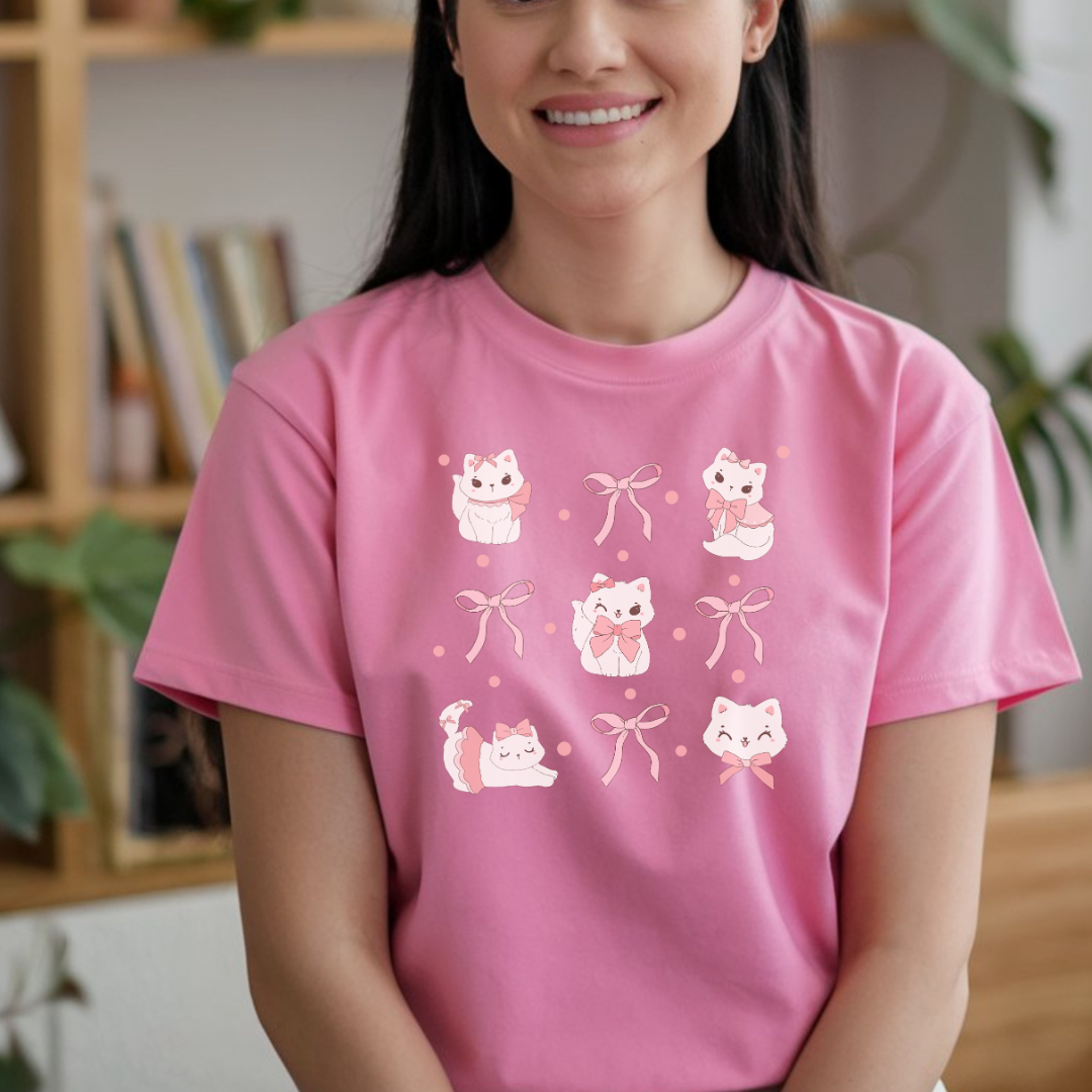 Pink Cats & Bows Graphic T-Shirt – Coquette Aesthetic