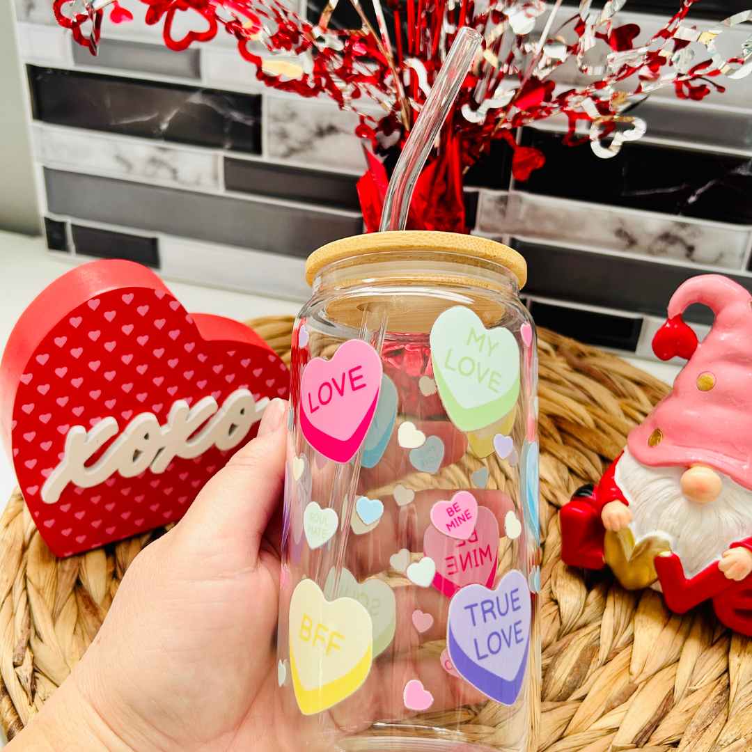Candy Hearts Glass cup with Messages, Valentine's Day Gift