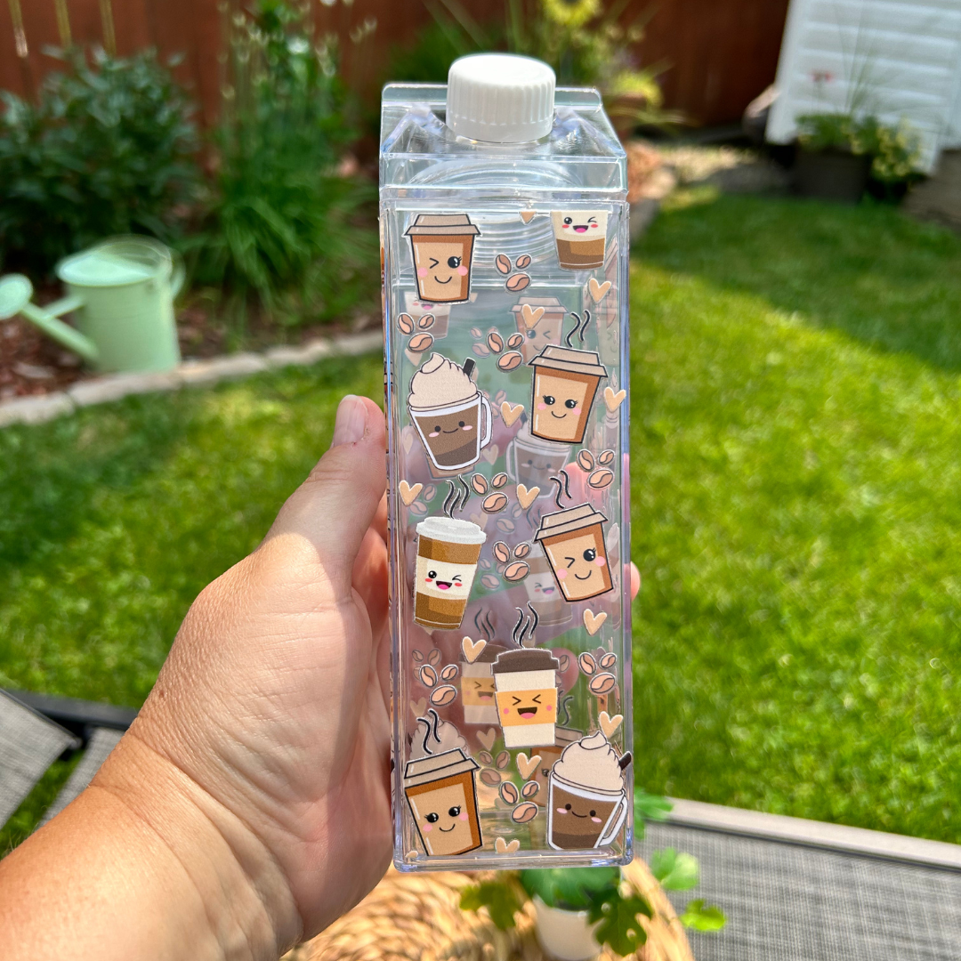 Ensemble Verre à café 16 oz et bouteille style carton lait 17 oz design café Kawaii, Kit pour amateur de café