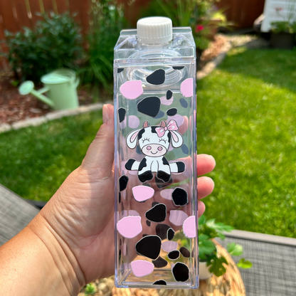 Bouteille style carton lait avec mignonne petite vache, Gobelet en plastique pour boissons froides