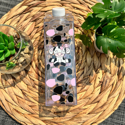 Bouteille style carton lait avec mignonne petite vache, Gobelet en plastique pour boissons froides