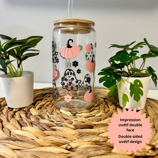 Verre à café glacé avec mignons fantômes au design floralVerre à café fantômes floral, Tasse en verre fantômes d'Halloween, Gobelet marguerite et fantôme