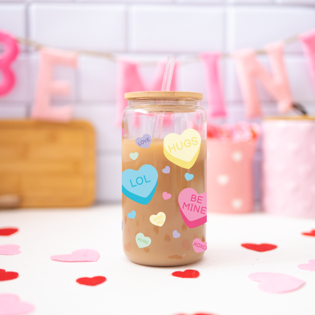 Candy Hearts Glass cup with Messages, Valentine's Day Gift