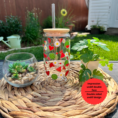 Watermelon Iced Coffee Glass, Watermelon and Daisies Mug,