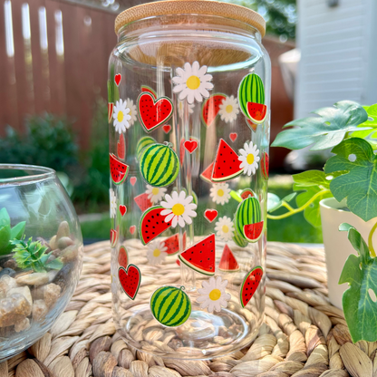 Watermelon Iced Coffee Glass, Watermelon and Daisies Mug,