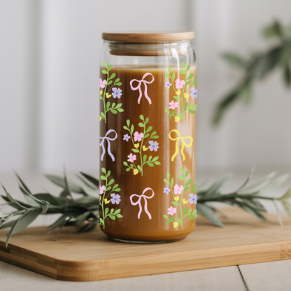 Verre à café glacé '' Bouquet de fleurs & rubans pastels'' 16 oz