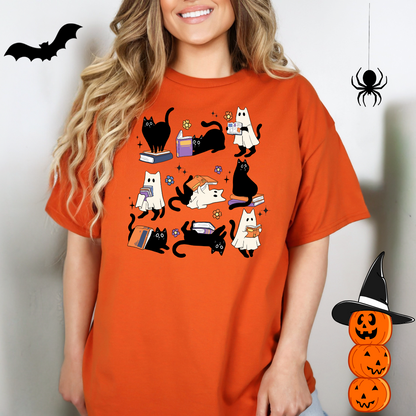 T-shirt halloween chat fantôme de lecture, chandail halloween pour amoureux des livres