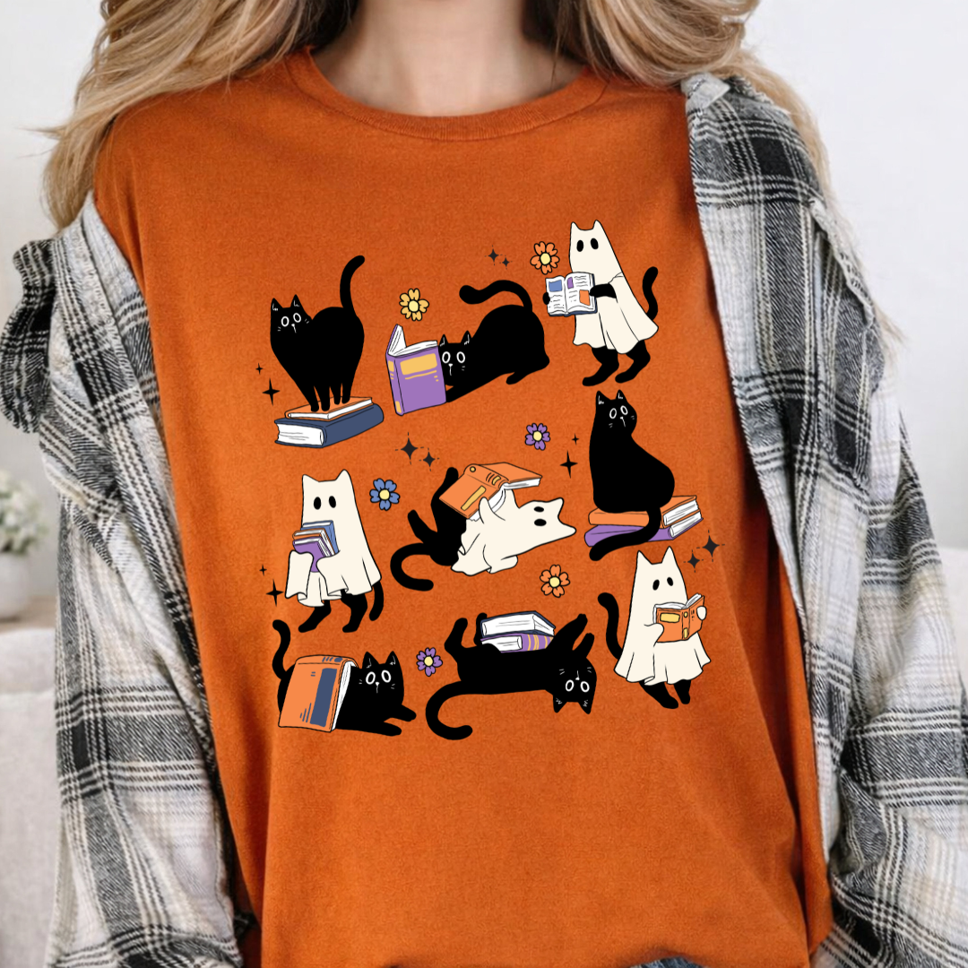 Bookish Reading Ghost Cat Halloween T-Shirt