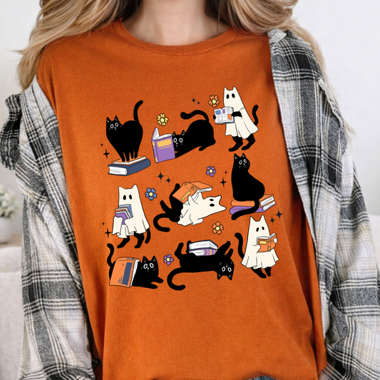 Bookish Reading Ghost Cat Halloween T-Shirt