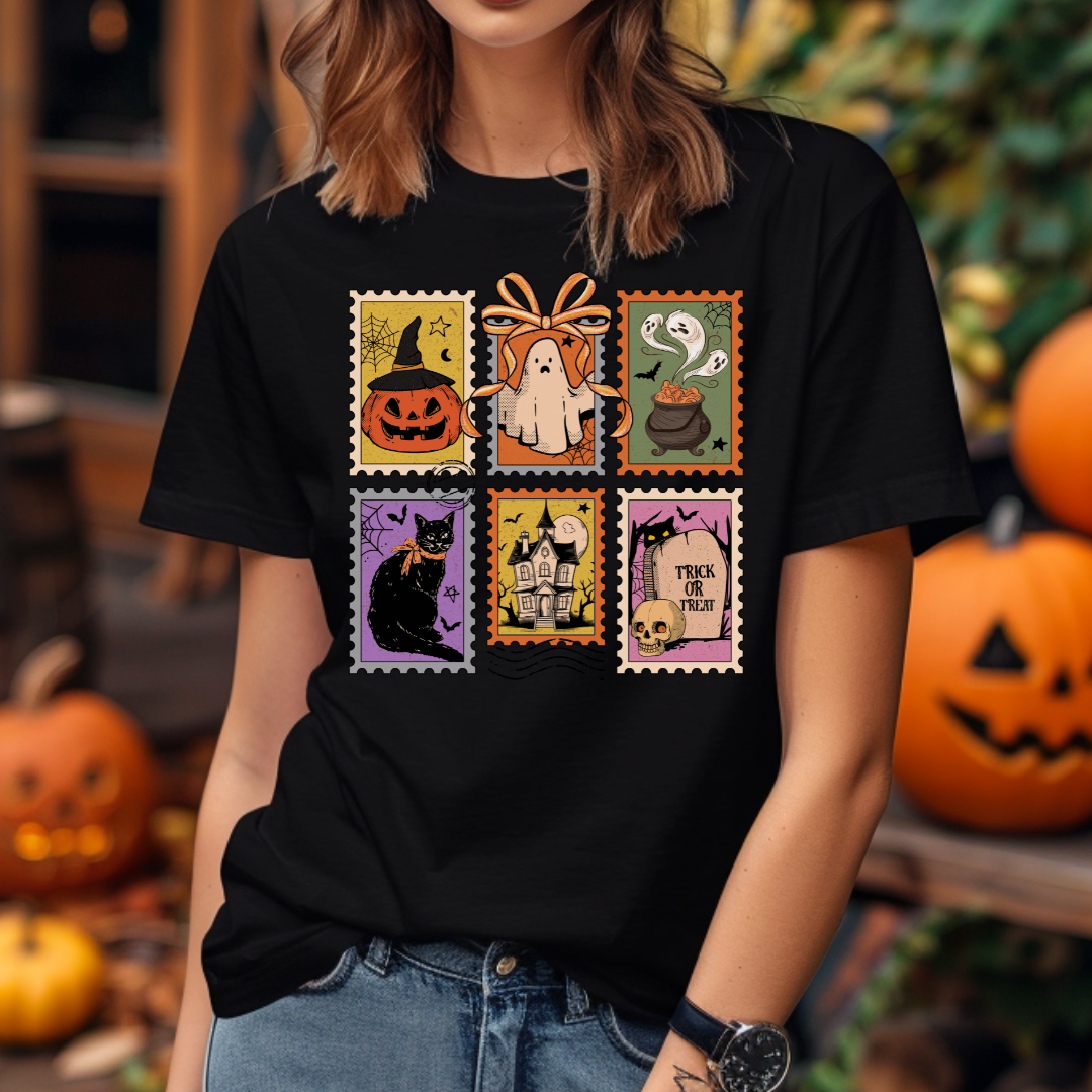 Halloween t-shirt postage stamps style, vintage Halloween shirt