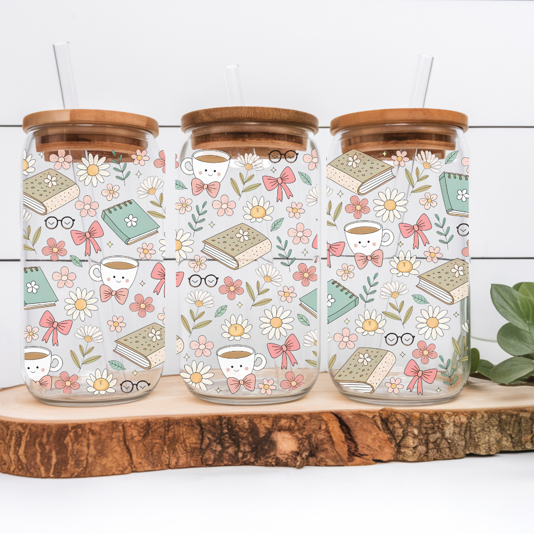 "Coffee and Books" Iced Coffee Glass 16 oz