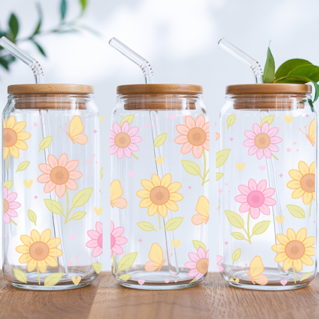 Verre à café glacé ''Tournesols et papillons'' 16 oz