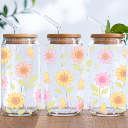 Verre à café glacé ''Tournesols et papillons'' 16 oz