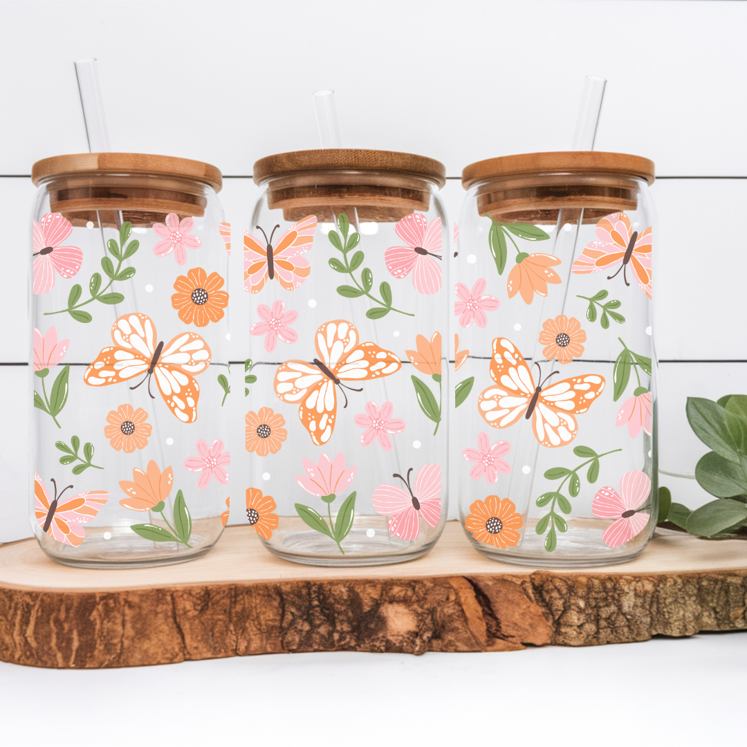 "Butterfly Gardens" Iced Coffee Glass 16 oz