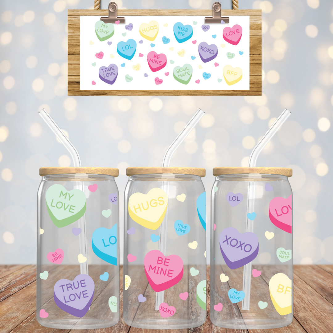 Candy Hearts Glass cup with Messages, Valentine's Day Gift
