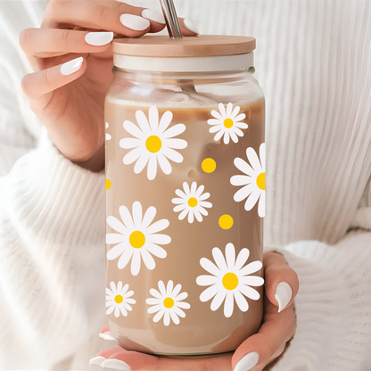 Daisy Flower Iced Coffee Glass, Floral Mug, Daisy Lover Gift