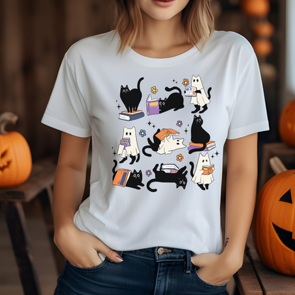 T-shirt halloween chat fantôme de lecture, chandail halloween pour amoureux des livres