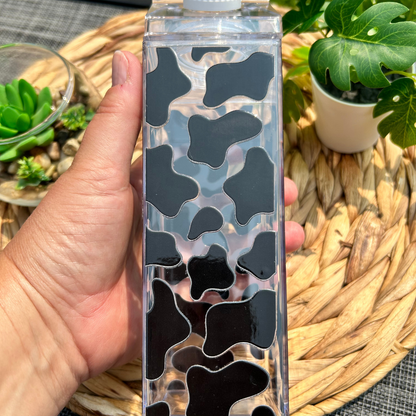 Milk carton style bottle with cow print design, Cow pattern plastic bottle