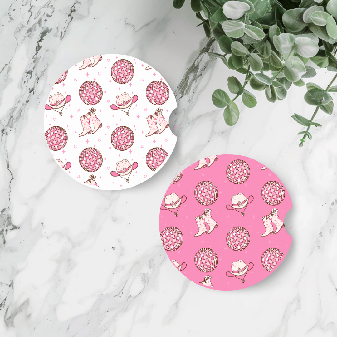 Pair of Car Coasters - Disco Cowgirl Design