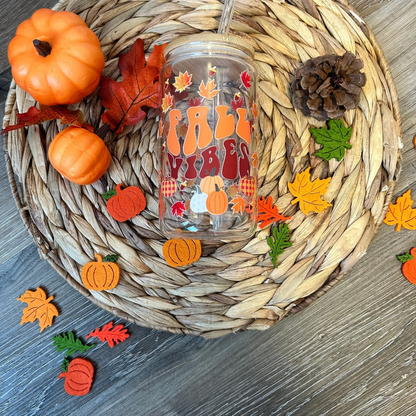Fall Vibes Autumn Leaves Iced Coffee Glass Cup