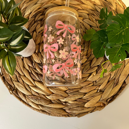 Verre à café glacé boucles coquettes et marguerites roses, Tasse à noeud coquette rose et marguerite, Cadeau pour elle