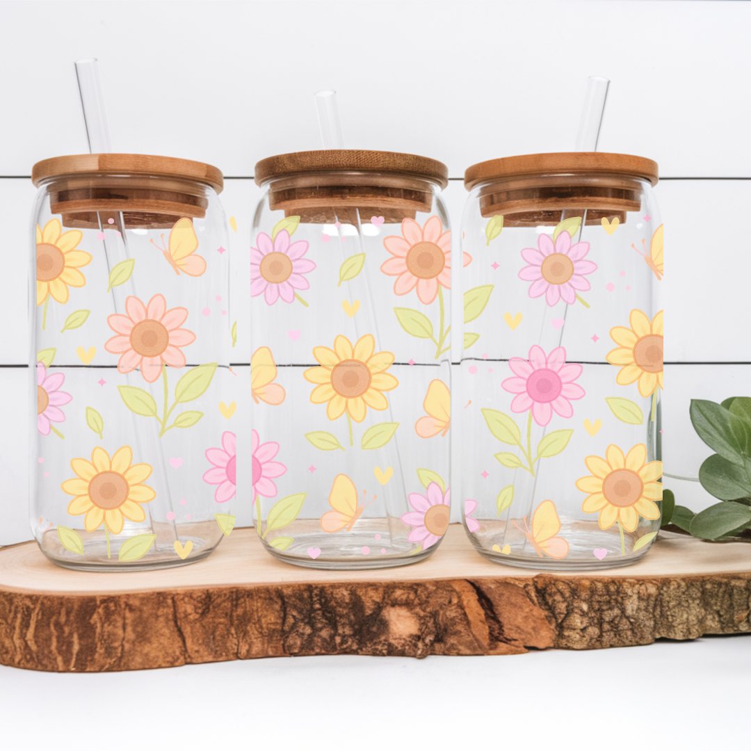 Verre à café glacé ''Tournesols et papillons'' 16 oz