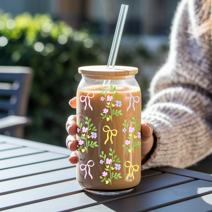 Verre à café glacé '' Bouquet de fleurs & rubans pastels'' 16 oz