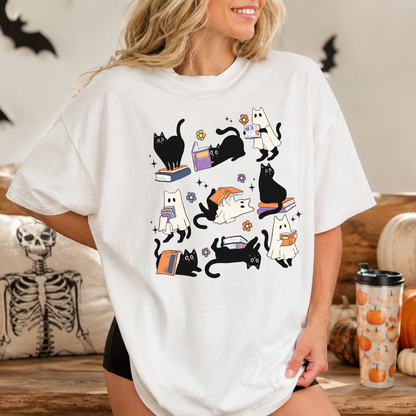 Bookish Reading Ghost Cat Halloween T-Shirt