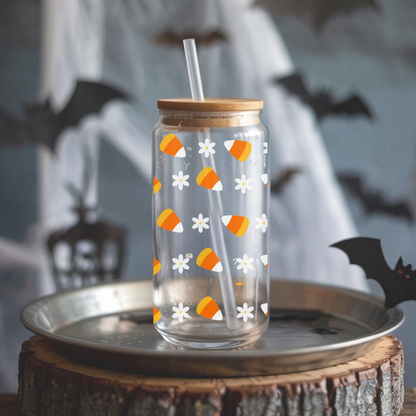 Verre à café glacé bonbons maïs d'halloween, verre halloween candy corn et marguerites
