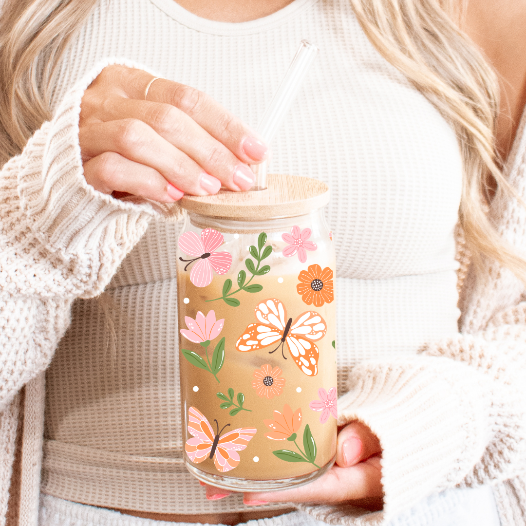 "Butterfly Gardens" Iced Coffee Glass 16 oz