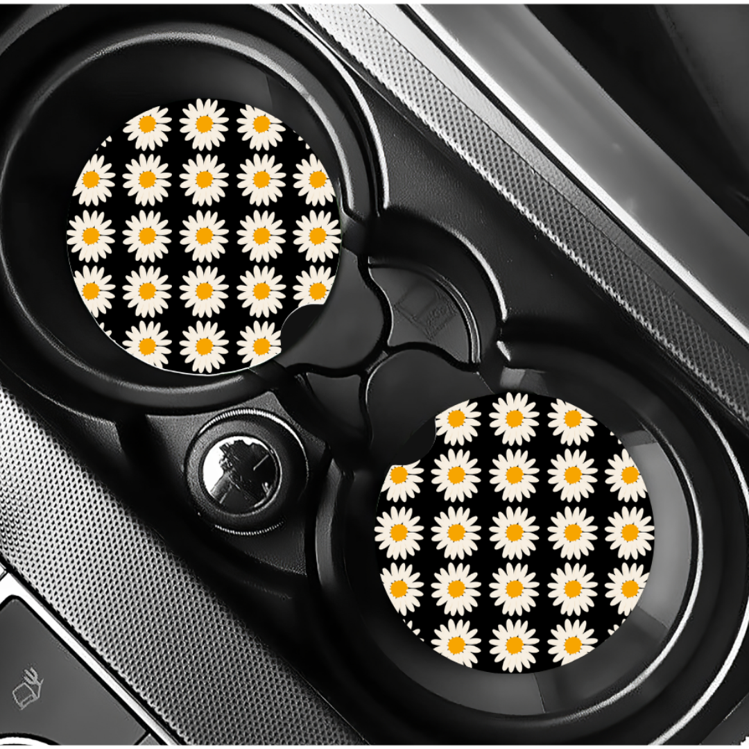 Car Coaster Duo - White Daisy Pattern