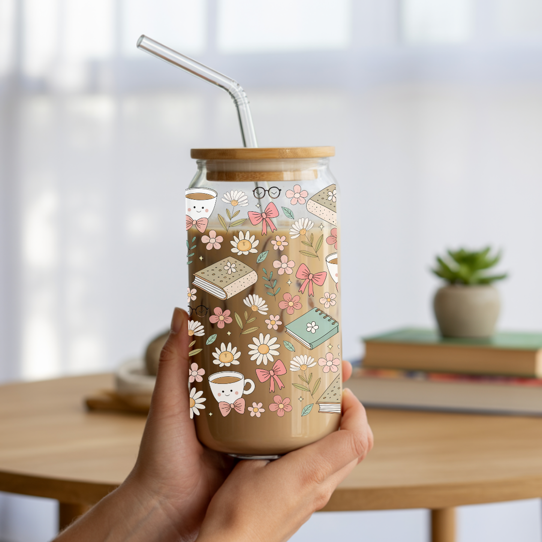 "Coffee and Books" Iced Coffee Glass 16 oz
