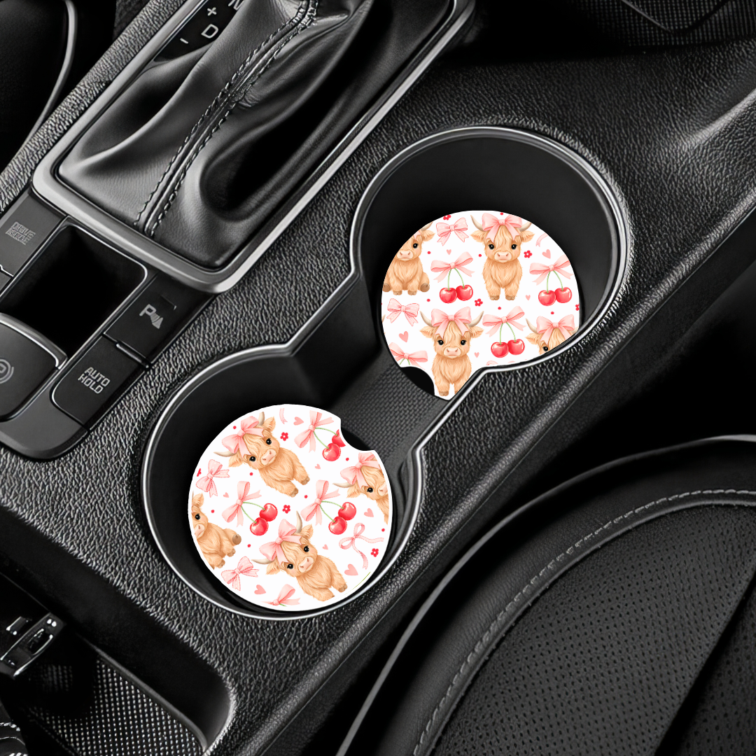 Highland Cow & Cherries Car Coaster Duo