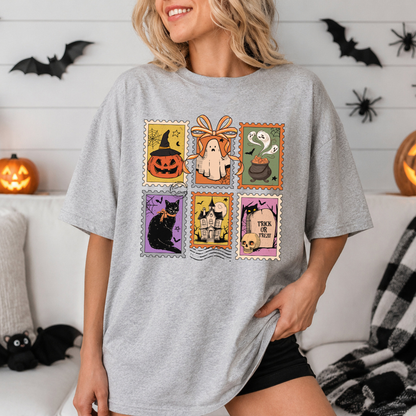 T-shirt halloween style timbres postaux, chandail d'halloween style vintage
