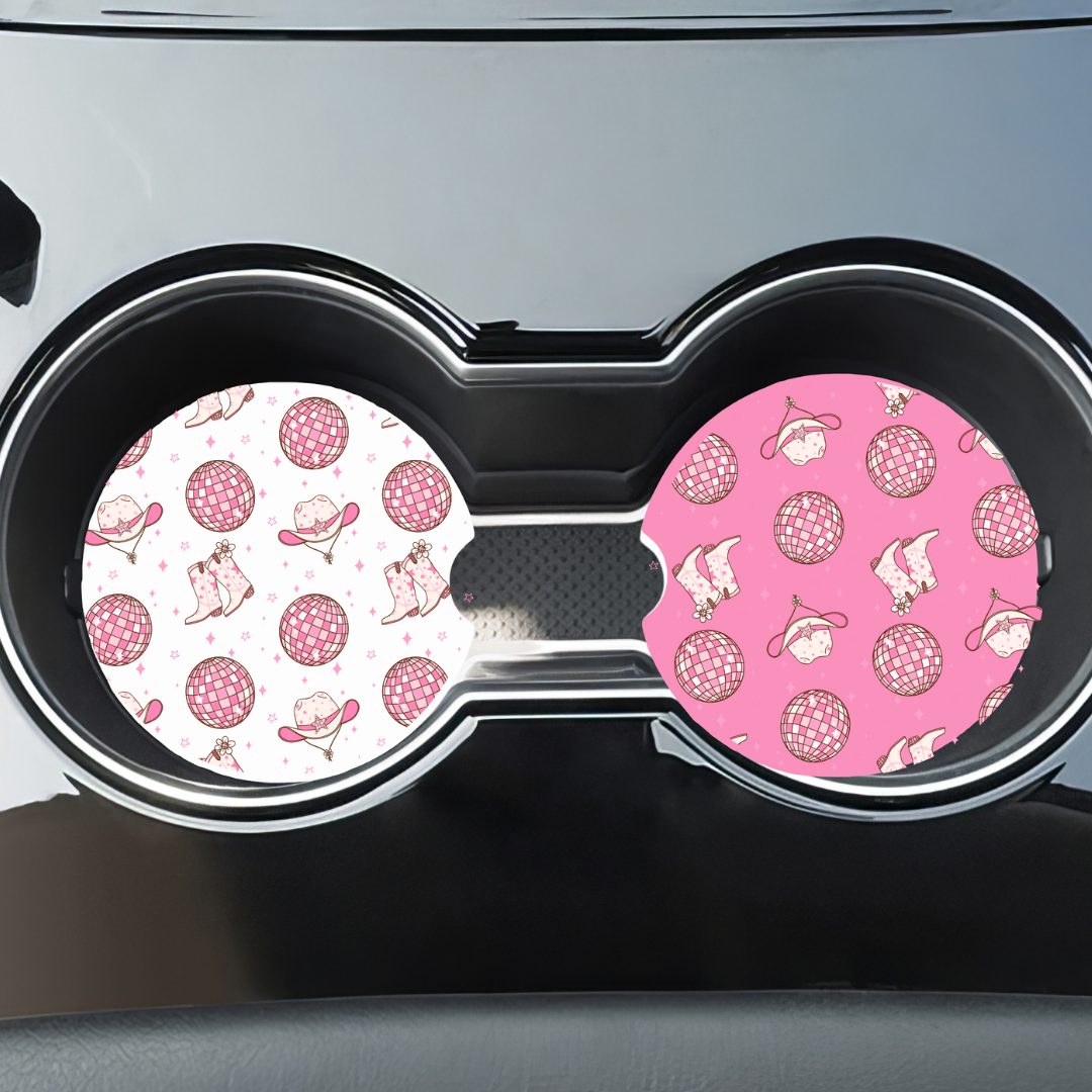 Pair of Car Coasters - Disco Cowgirl Design
