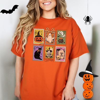 T-shirt halloween style timbres postaux, chandail d'halloween style vintage