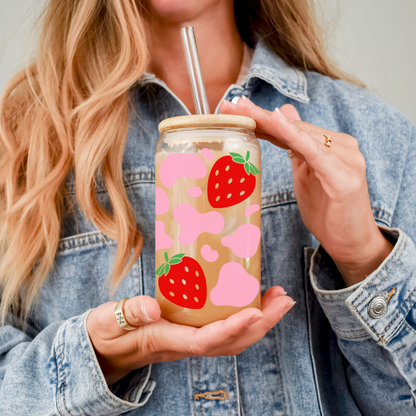Cow Print Strawberry Iced Coffee Glass cup,  Fruit Glass mug